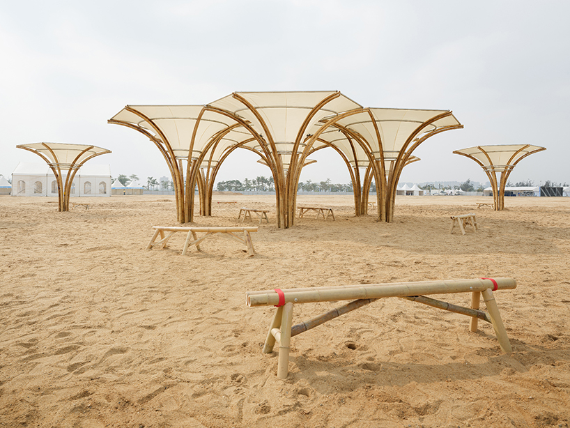 also architects crafts modular umbrella-like installations made of bamboo and tensed fabric