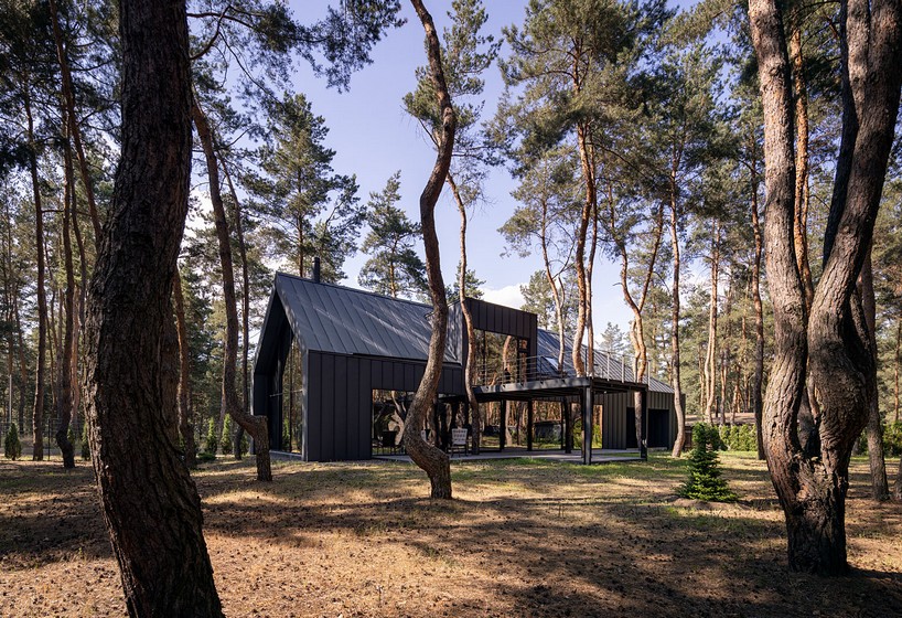 dark metal and wood cladding wraps gabled 'house among the pines' in ukraine