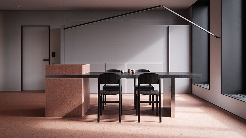 red pigment micro cement surfaces add playful touch to minimalist apartment by OBRIY in ukraine