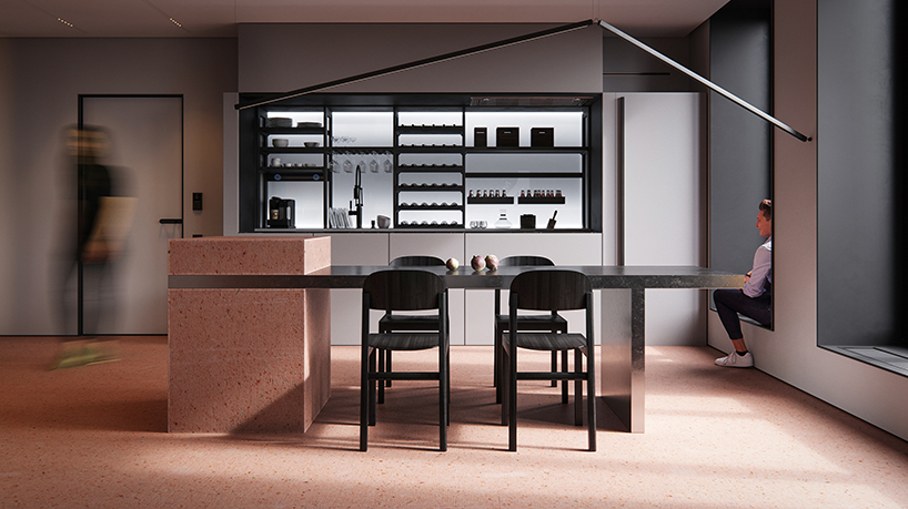 red pigment micro cement surfaces add playful touch to minimalist apartment by OBRIY in ukraine