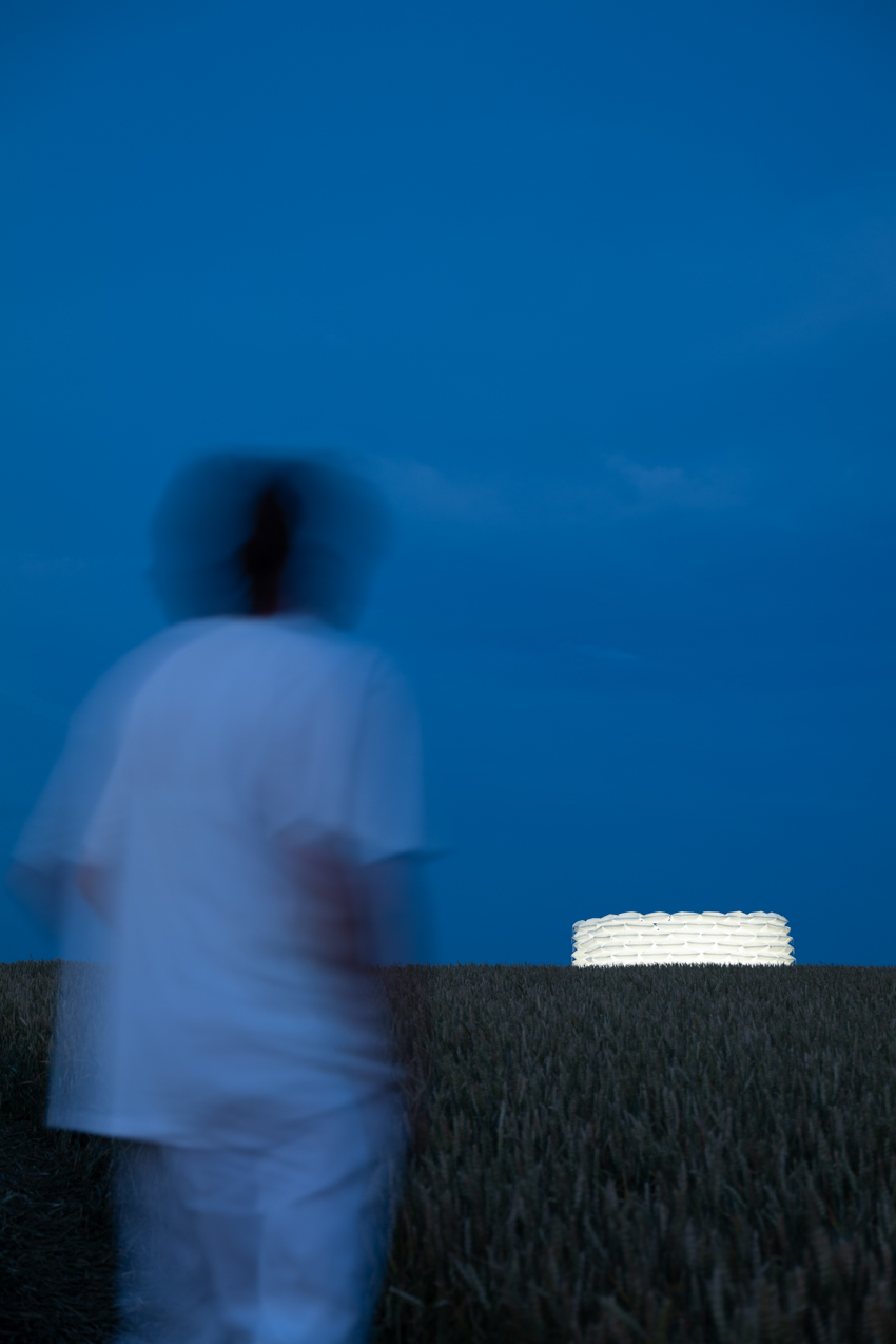 air-filled sandbag installation by gregory orekhov creates soft circular barricade in france