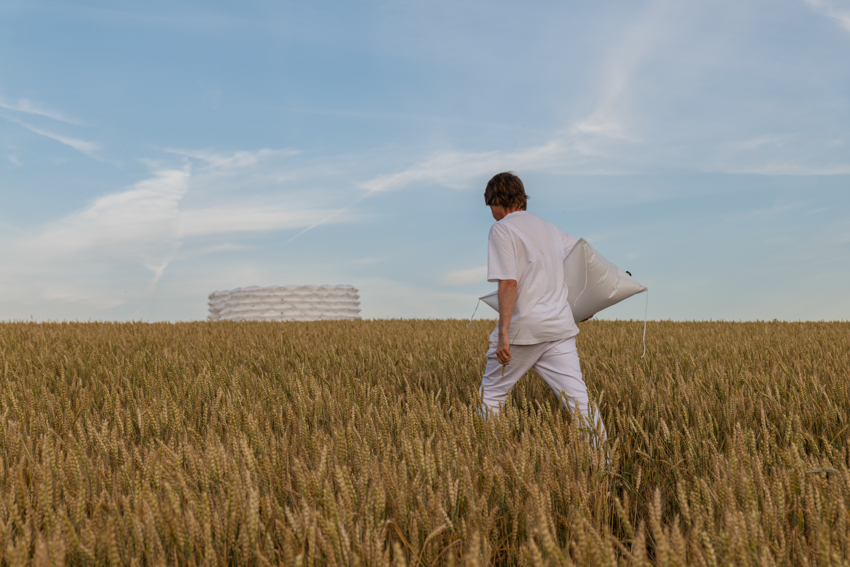 air-filled sandbag installation by gregory orekhov creates soft circular barricade in france