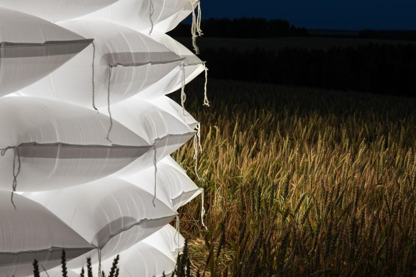 air-filled sandbag installation by gregory orekhov creates soft circular barricade in france