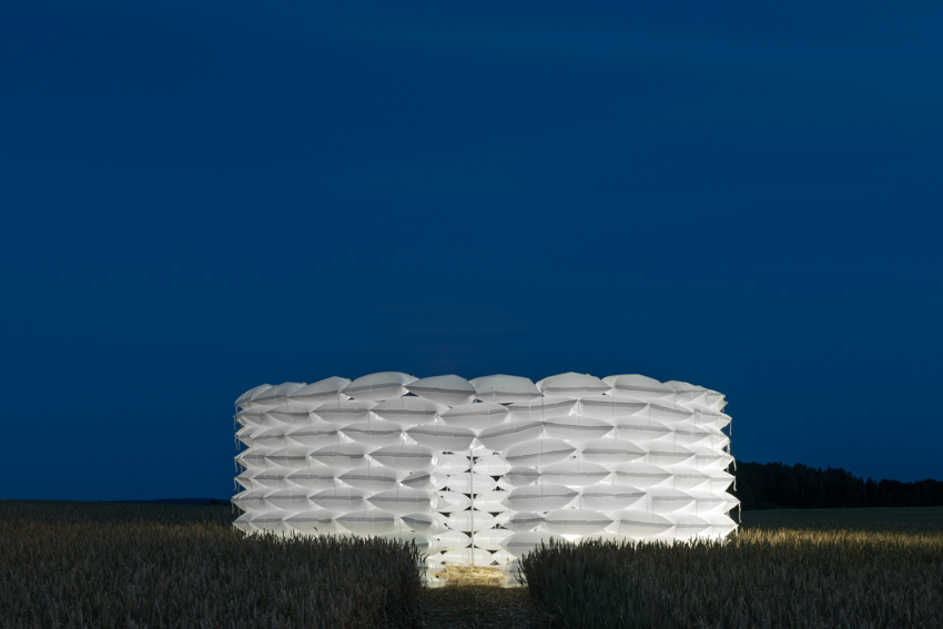 air-filled sandbag installation by gregory orekhov creates soft circular barricade in france