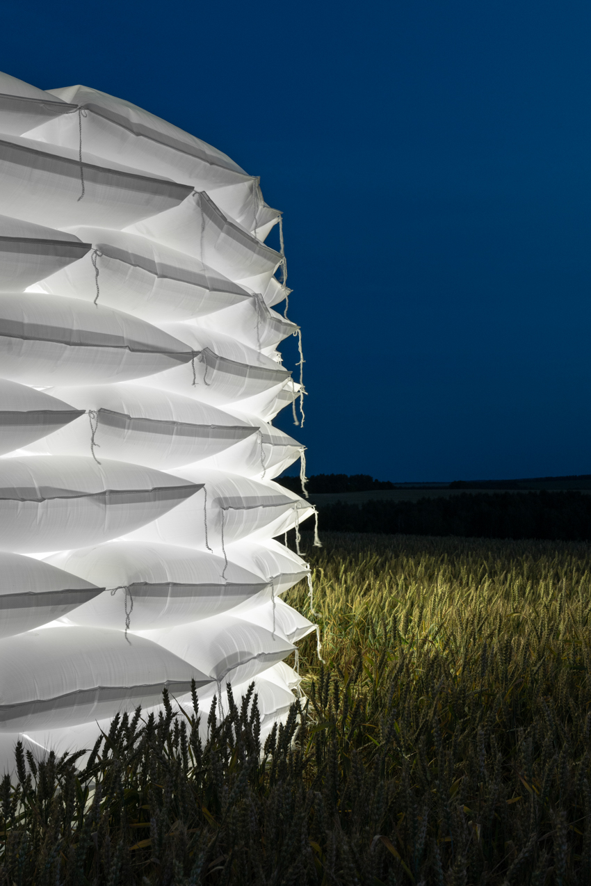 air-filled sandbag installation by gregory orekhov creates soft circular barricade in france