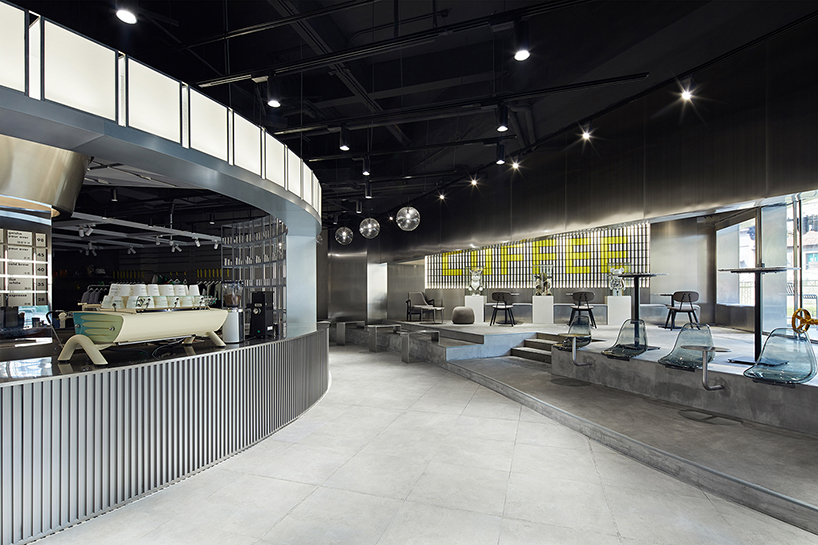 tailor WEY applies cool metallic surfaces to futuristic coffee lab in shanghai designboom
