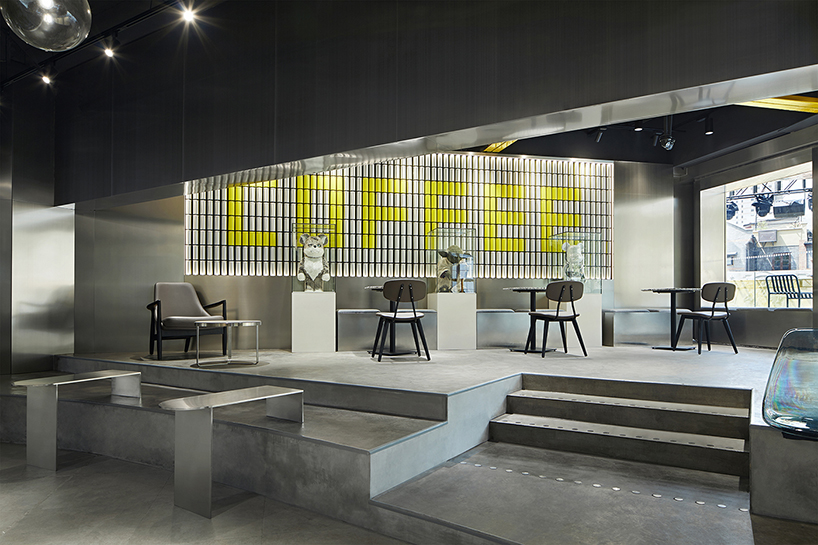 tailor WEY applies cool metallic surfaces to futuristic coffee lab in shanghai designboom