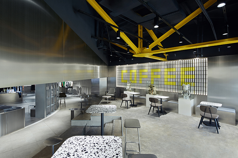 tailor WEY applies cool metallic surfaces to futuristic coffee lab in shanghai designboom