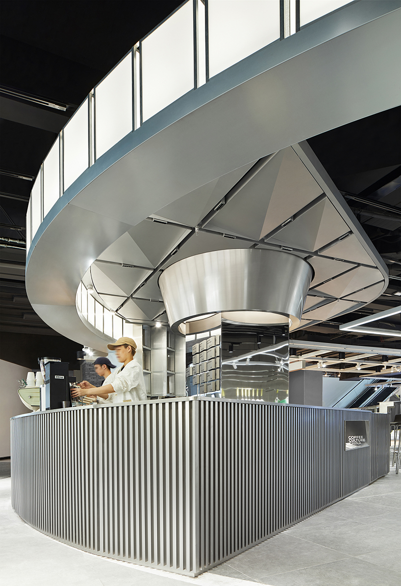 tailor WEY applies cool metallic surfaces to futuristic coffee lab in shanghai designboom