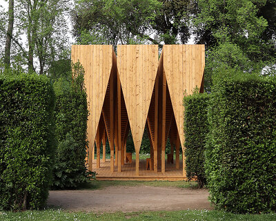 atelier poem's pavilion emerges as a forest of wooden columns amid gardens of villa medici