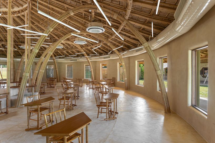 chiangmai life architects builds concentric bamboo school library with oculus in thailand