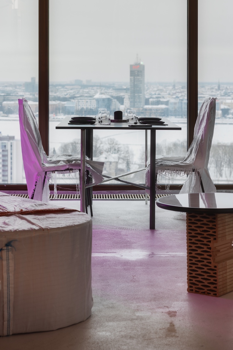 open AD upcycles material offcuts & leftovers to form pop-up restaurant interior in latvia