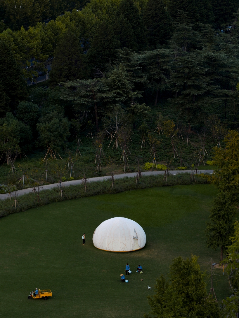 Cúpula iluminada translúcida de Shanghai con celosías de bronce con motivos florales