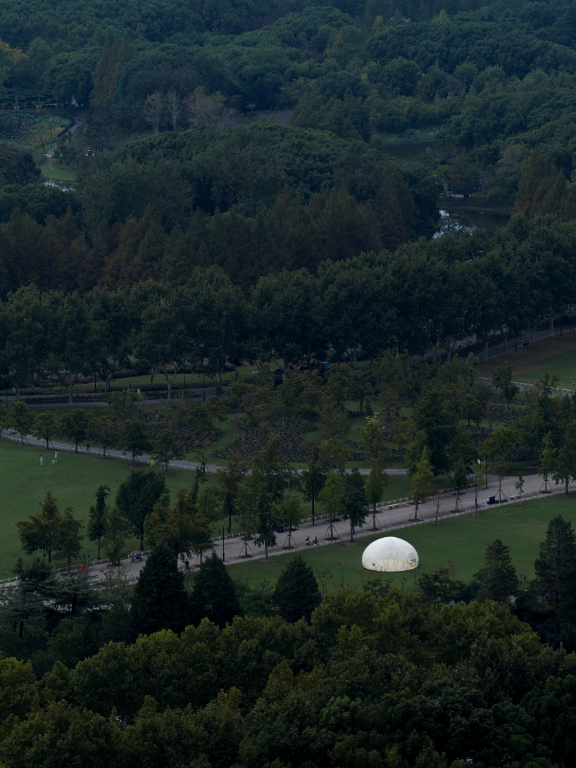 Cúpula iluminada translúcida de Shanghai con celosías de bronce con motivos florales