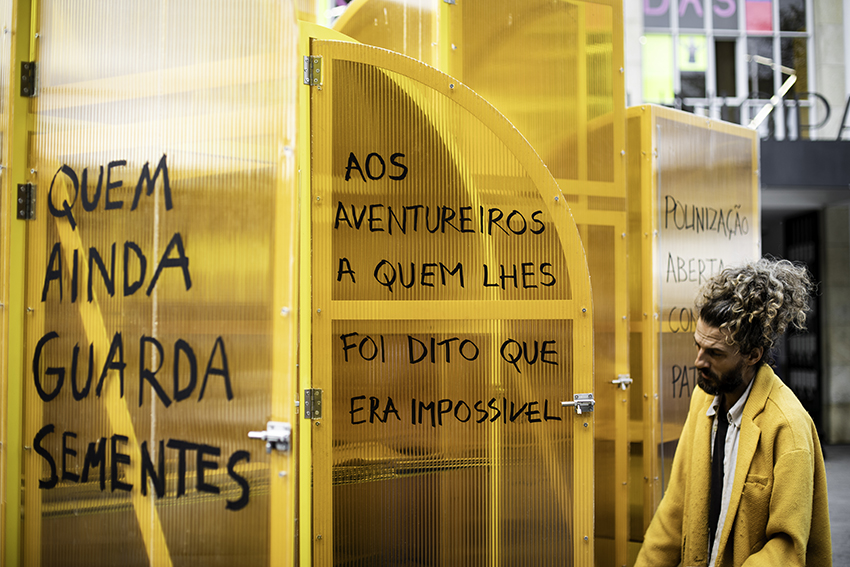 modular yellow greenhouse&nbsp;travels on wheels through portugal for seed germination