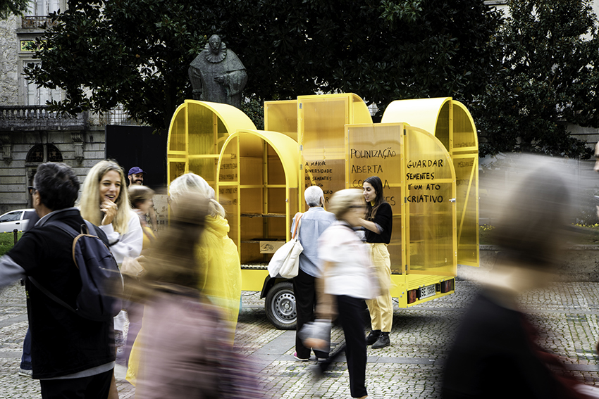 modular yellow greenhouse&nbsp;travels on wheels through portugal for seed germination