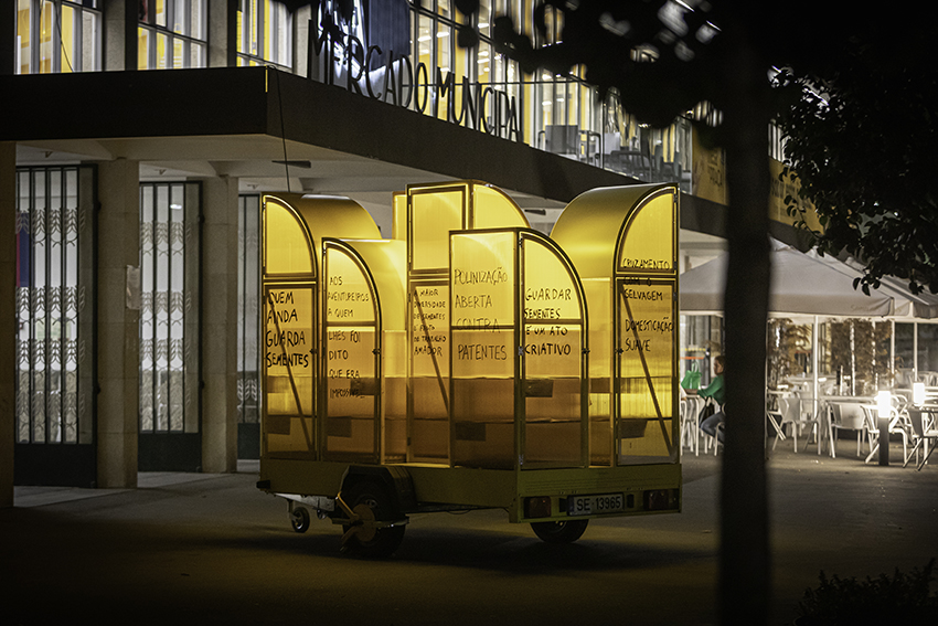 modular yellow greenhouse&nbsp;travels on wheels through portugal for seed germination