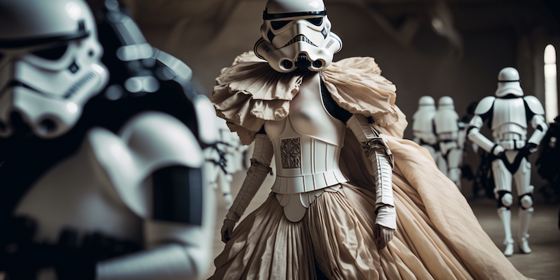 icy design's AI-generated fashion rebellion dresses stormtroopers and wookies in haute couture 
