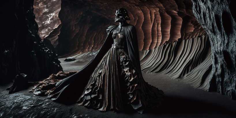 icy design's AI-generated fashion rebellion dresses stormtroopers and wookies in haute couture 