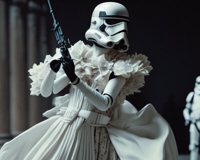 an AI-generated fashion rebellion dresses stormtroopers and wookies in haute couture