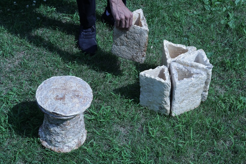 stool and modular furniture grown on cardboard molds for the waste and fungi