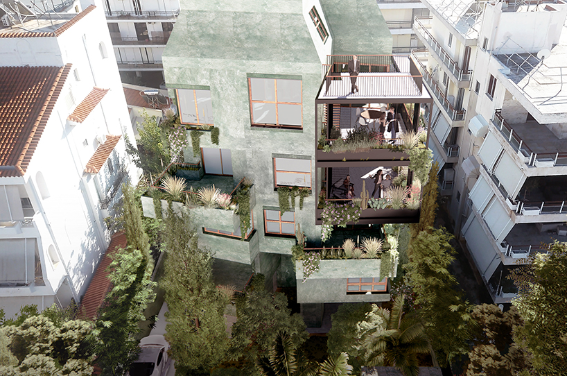 green cement exterior enfolds residence in athens by oikonomakis siampakoulis architects