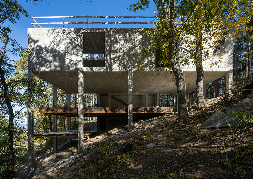 Casa de hormigón independiente se alza sobre pilotes en el bosque de Georgia