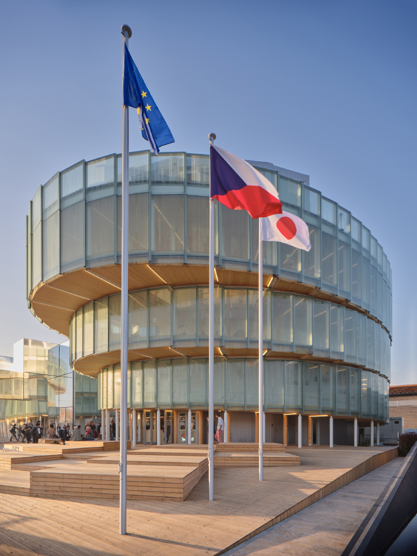 translucent glass facade outlines czech pavilion's spiral form at expo 2025 osaka