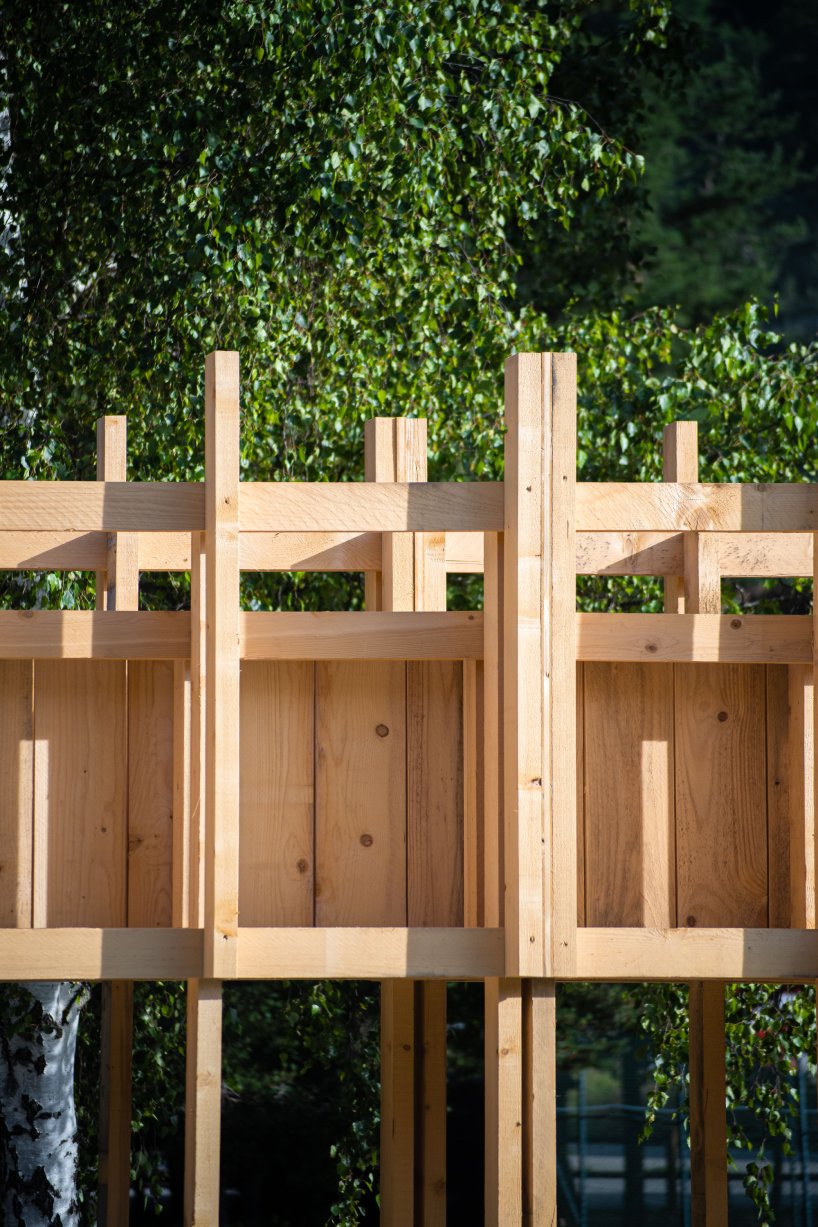martin gaufryau's installation emerges as 'structural forest' of pine porticos in french park