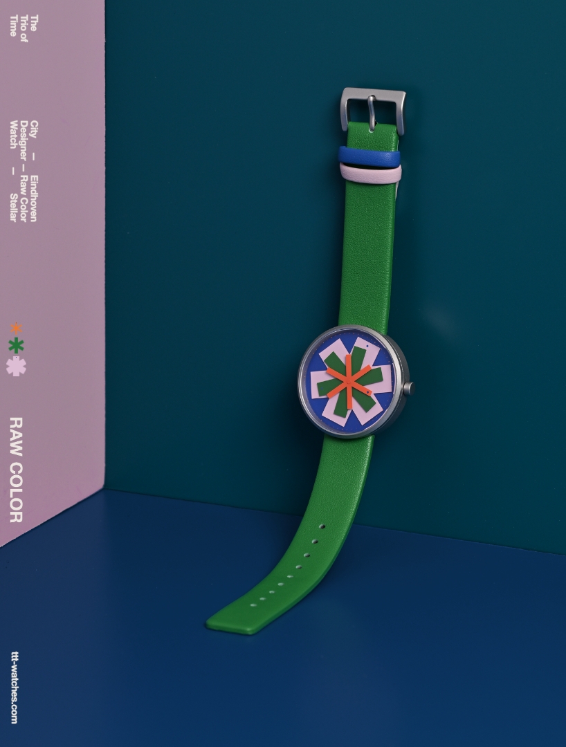 kinetic watch dial reimagines timekeeping through layered colored star-like hands - 5