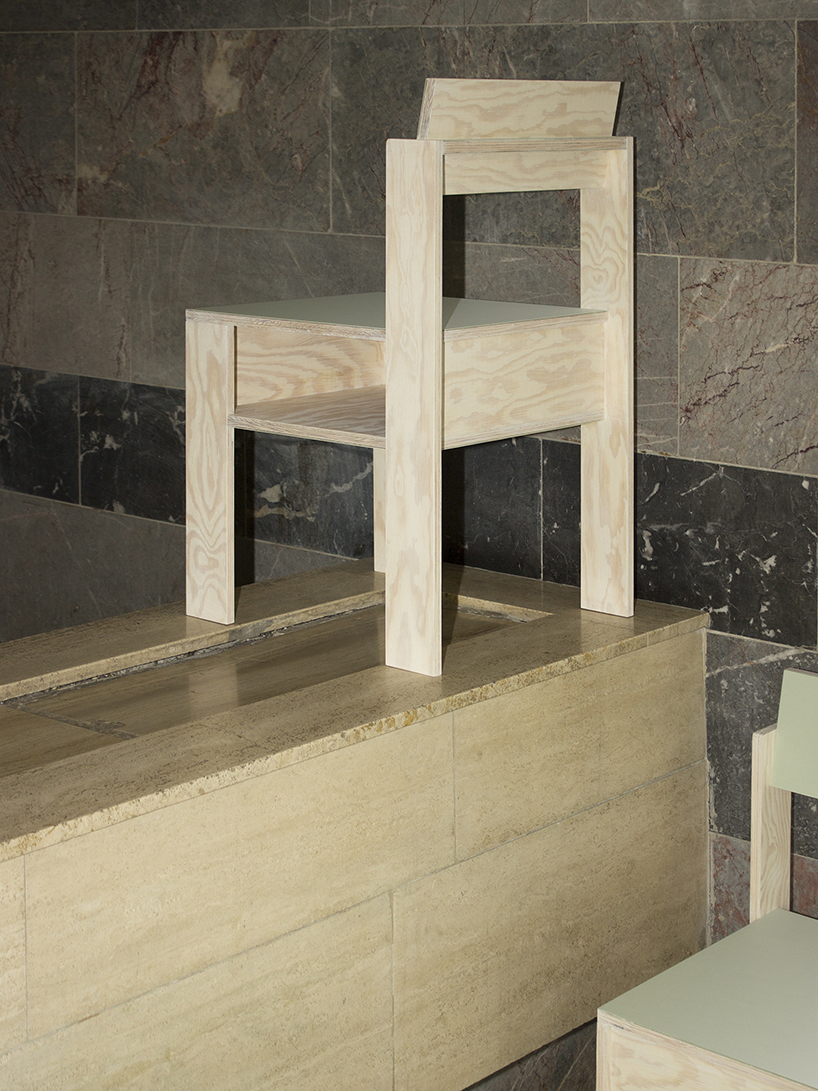 a pair of twin wooden chairs by A204 reconfigure into tables with drawers and shelving units