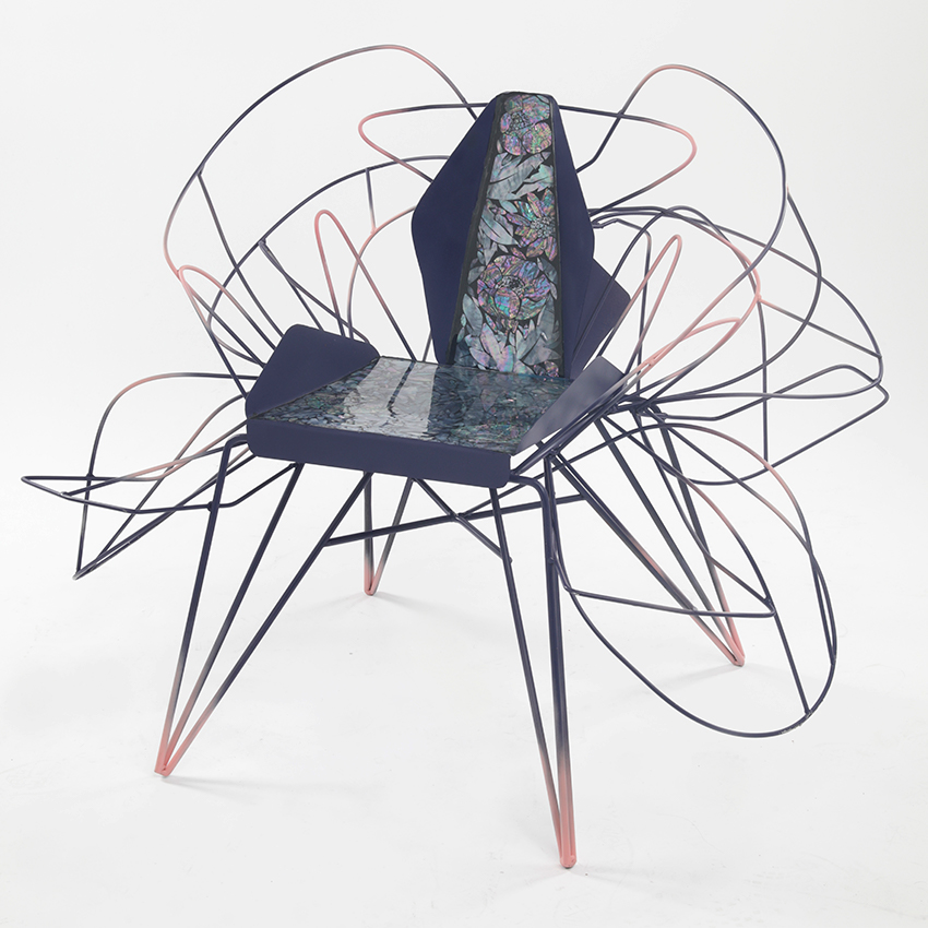 yejoong choi's swirling metal chairs are shaped to evoke butterflies on a river