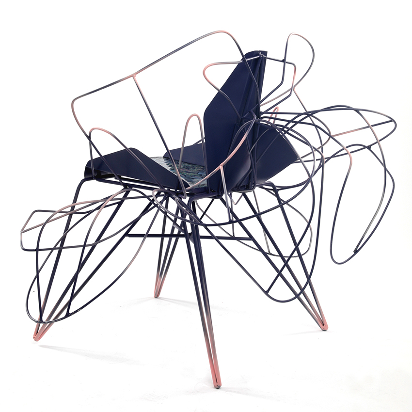 yejoong choi's swirling metal chairs are shaped to evoke butterflies on a river