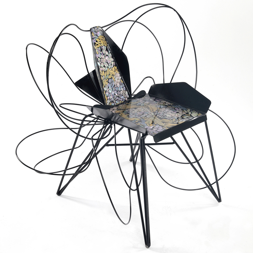 yejoong choi's swirling metal chairs are shaped to evoke butterflies on a river