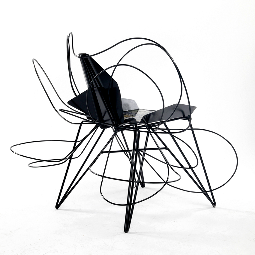 Yejoong choi's swirling metal chairs are shaped to evoke butterflies on a river
