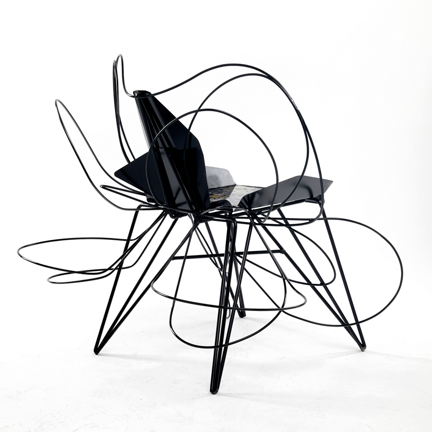 yejoong choi's swirling metal chairs are shaped to evoke butterflies on a river