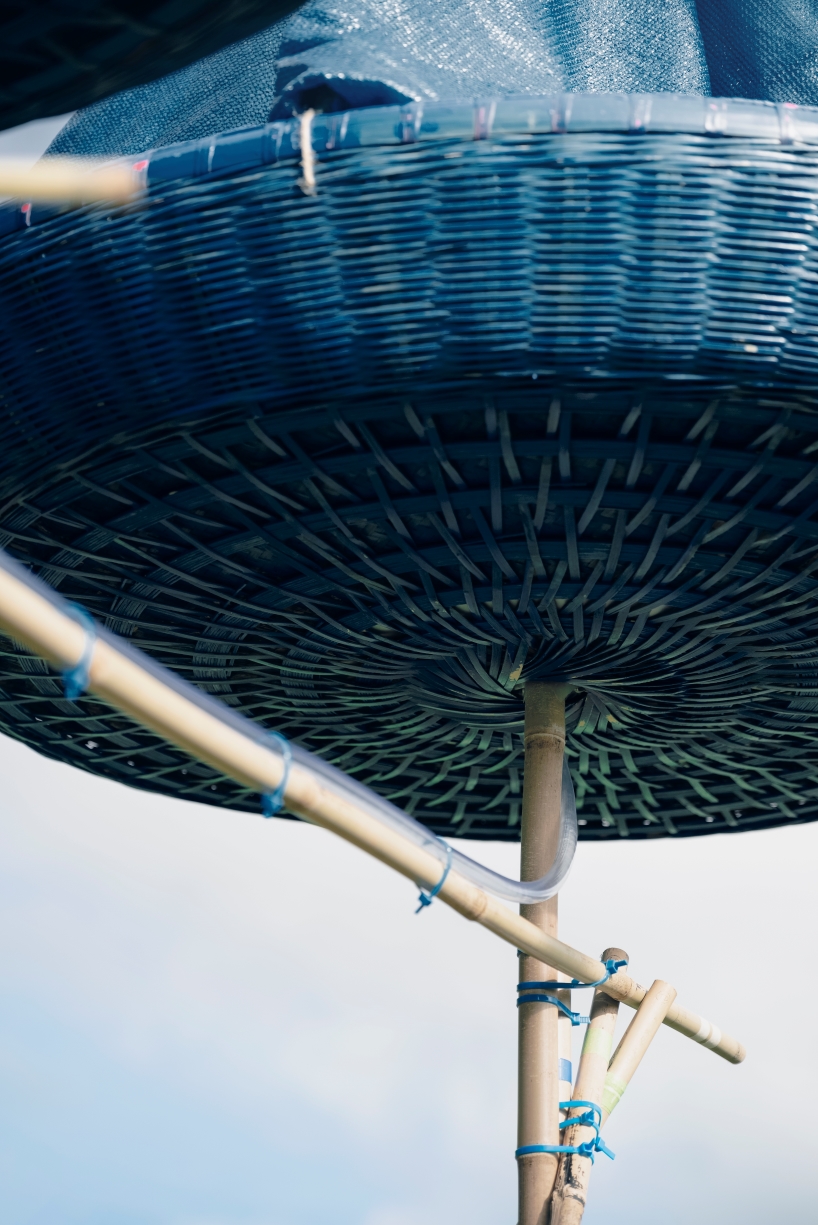 five blue water droplet baskets by canalside studio harvest rainwater in rural hong kong