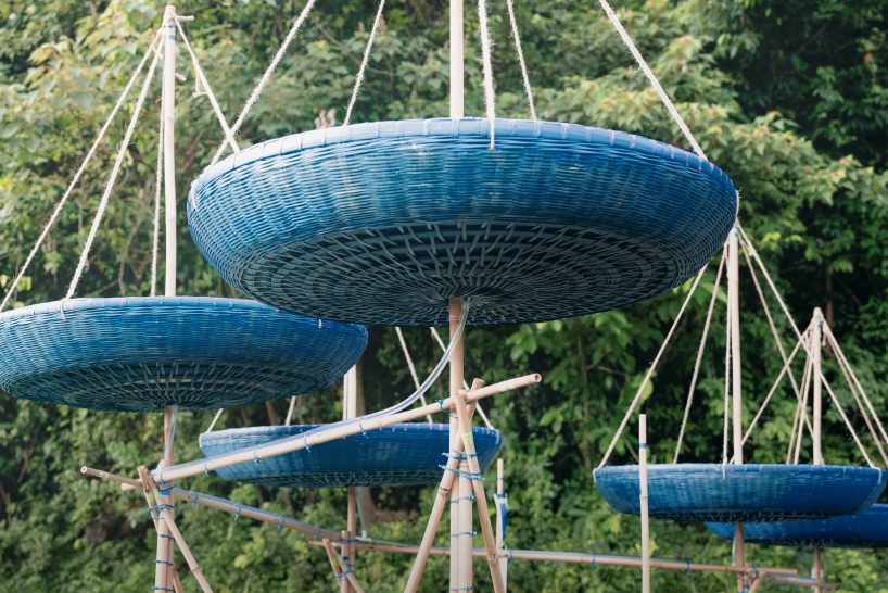 five blue water droplet baskets by canalside studio harvest rainwater in rural hong kong