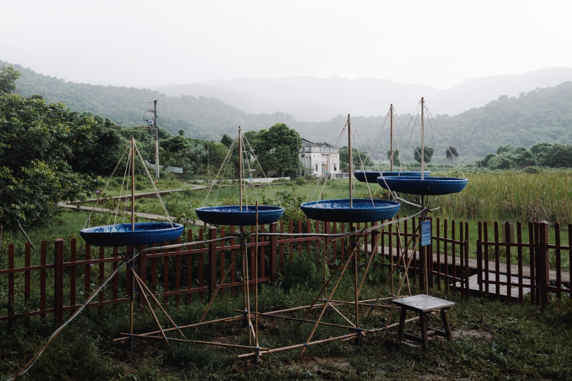 five blue water droplet baskets by canalside studio harvest rainwater in rural hong kong