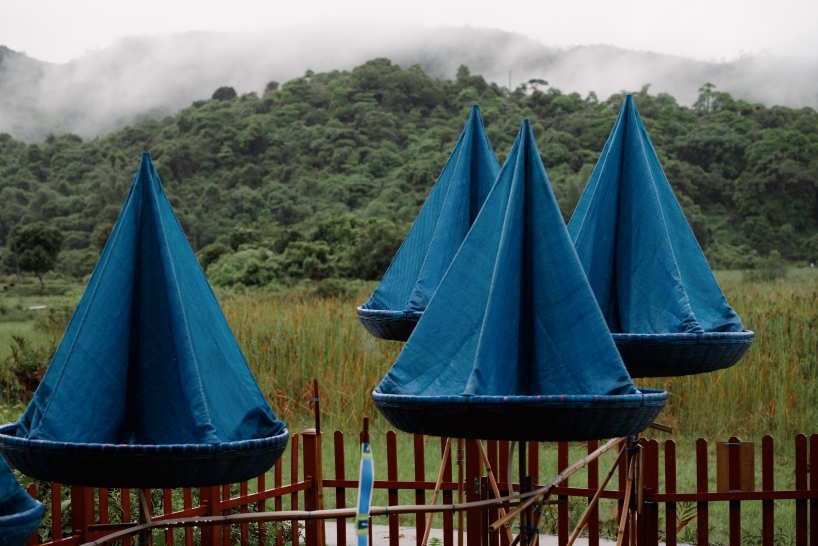 five blue water droplet baskets by canalside studio harvest rainwater in rural hong kong