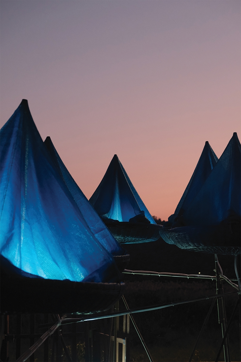five blue water droplet baskets by canalside studio harvest rainwater in rural hong kong