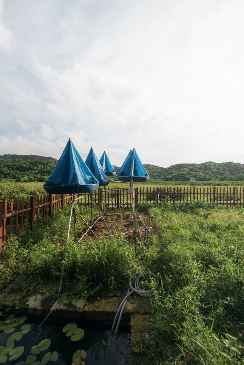 five blue water droplet baskets by canalside studio harvest rainwater in rural hong kong