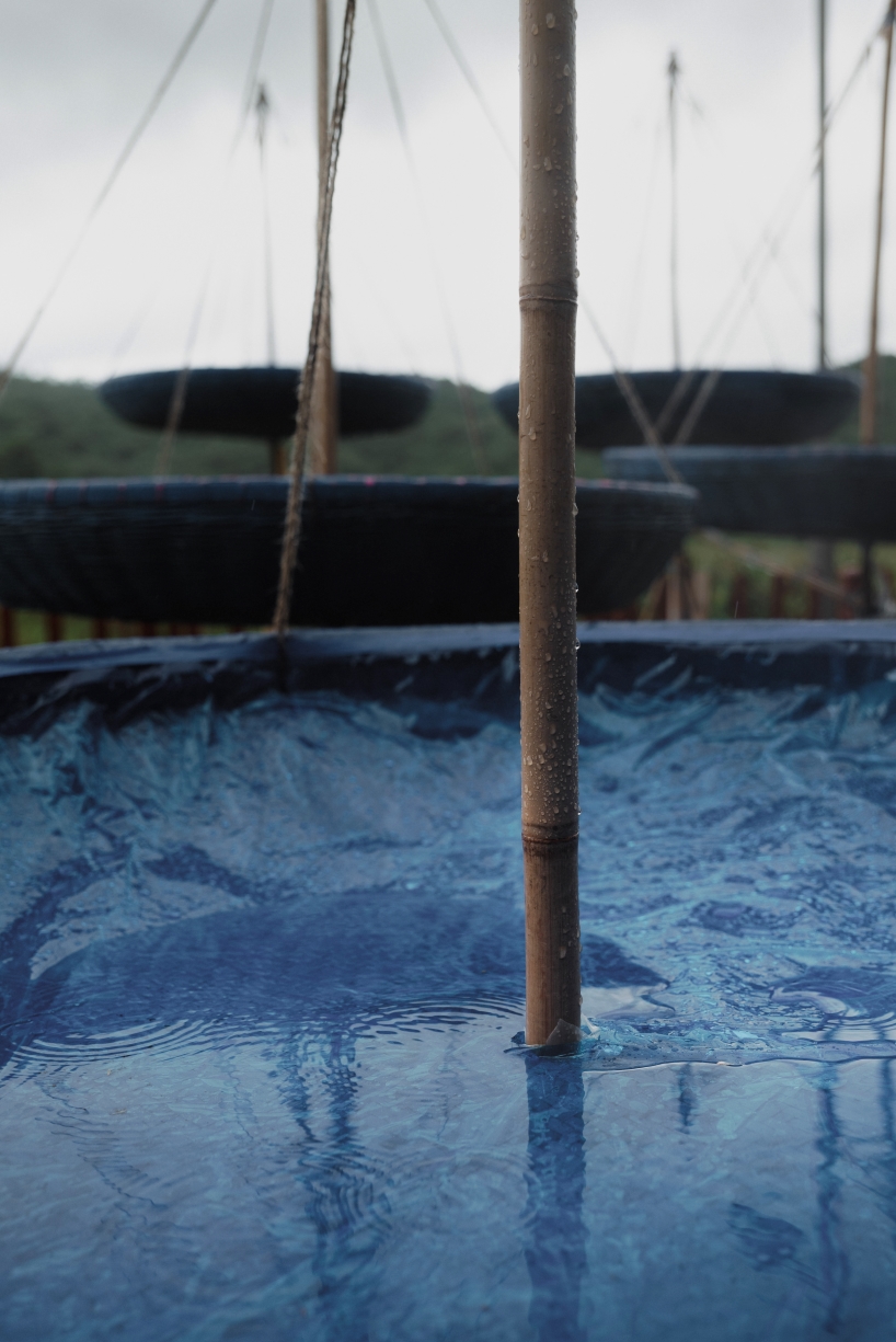 five blue water droplet baskets by canalside studio harvest rainwater in rural hong kong