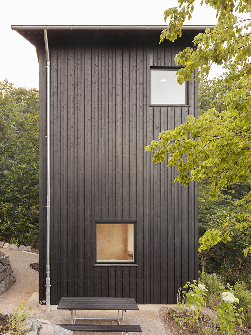 dark timber holiday cabins immerse guests in the stillness of remote german forest