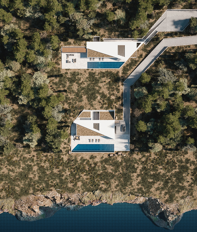 façade’s morphological villa is composed of white prisms wedged into the cliffs of lefkada