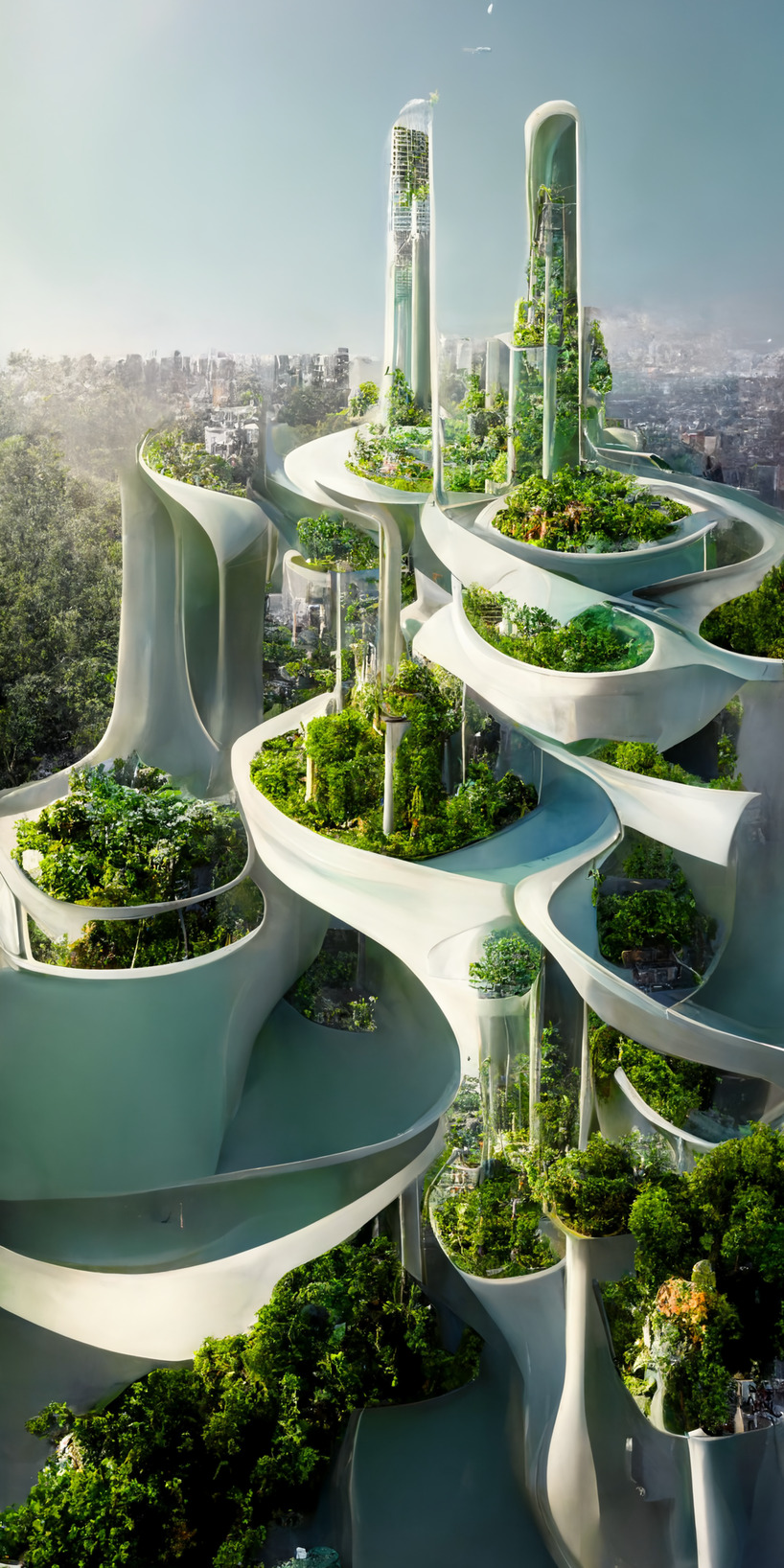 AI envisions futuristic sustainable city with biophilic skyscrapers