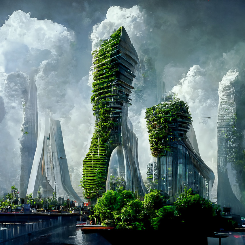 AI envisions a futuristic sustainable city with air-purifying biophilic skyscrapers by manas bhatia
