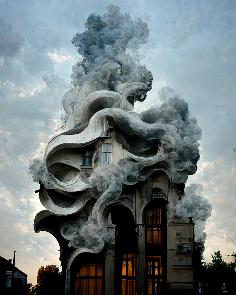 Hassan Ragab's AI series has an Art Nouveau façade collapsing in a dreamy cloud of smoke