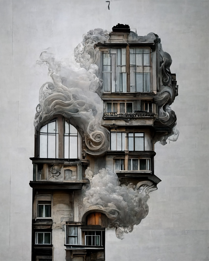 art nouveau facades disintegrate amid fantastic clouds of smoke in hassan ragab .'s AI series