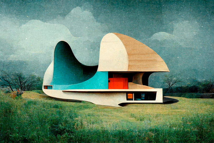 these AI-generated abstracted dwellings by mathias juul frost are composed of modernist organic forms 